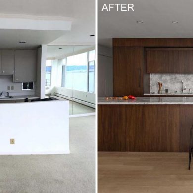 before-&-after-–-an-apartment-kitchen-remodeled-with-dark-stained-oak-cabinets-and-honed-marble-countertops