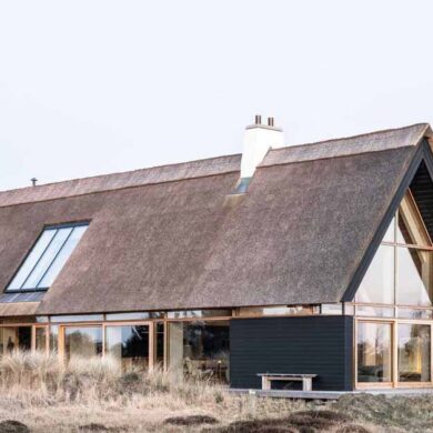 a-thatched-roof-and-charred-wood-siding-were-used-to-create-this-modern-home